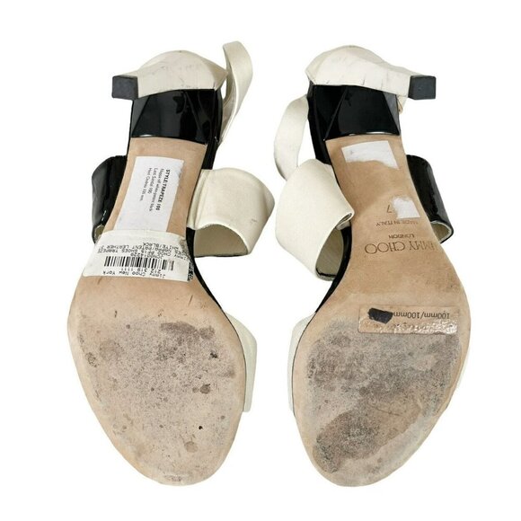 Jimmy Choo Trapeze Pleated Asymmetrical Off White Black Patent Leather Sandals - Picture 7 of 12